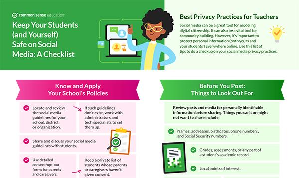 The top third section of the checklist infographic. There's a section called "Know and Apply Your School's Policies" and another titled "Before You Post: Things to Look Out For."